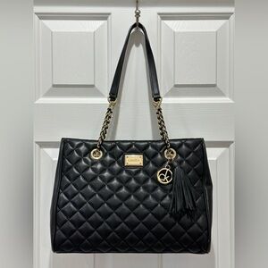 Calvin Klein Quilted Genuine Leather Chain Strap Tote Black